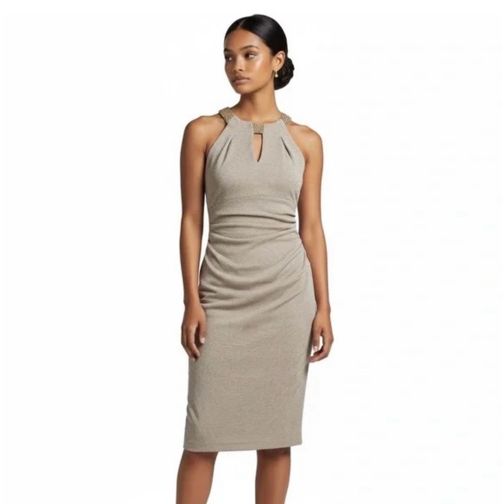 Betsy & Adam Taupe Glitter Cocktail Dress Women 8 Gold Jeweled Keyhole Neck Chic